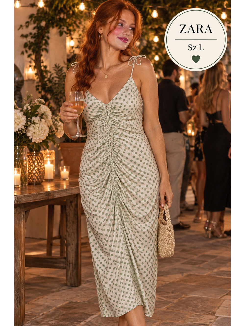 Zara | L | White Sage Polka Dot Midi Dress